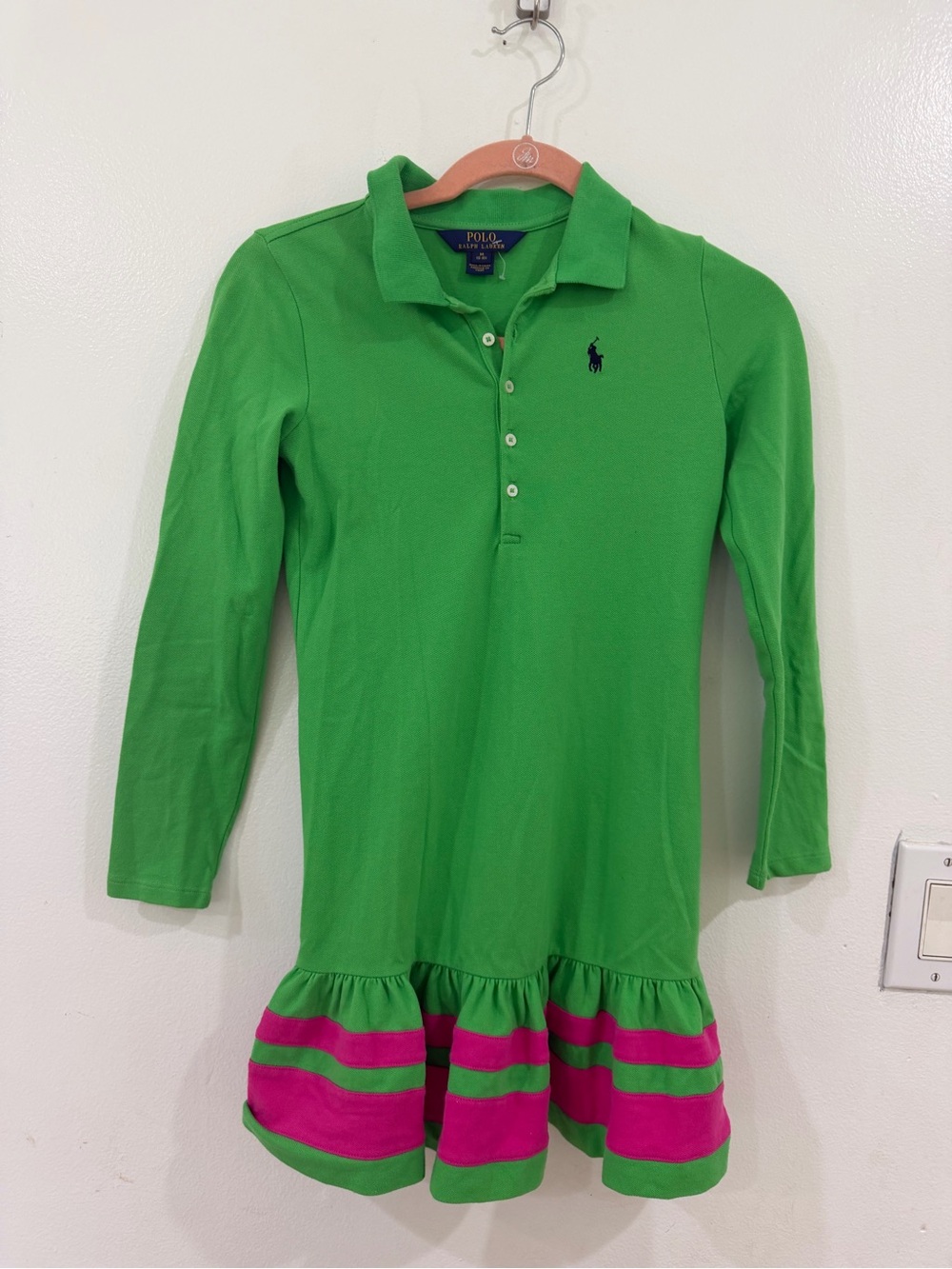 Polo by Ralph Lauren Green Polo Dress with Pink Stripe Ruffle